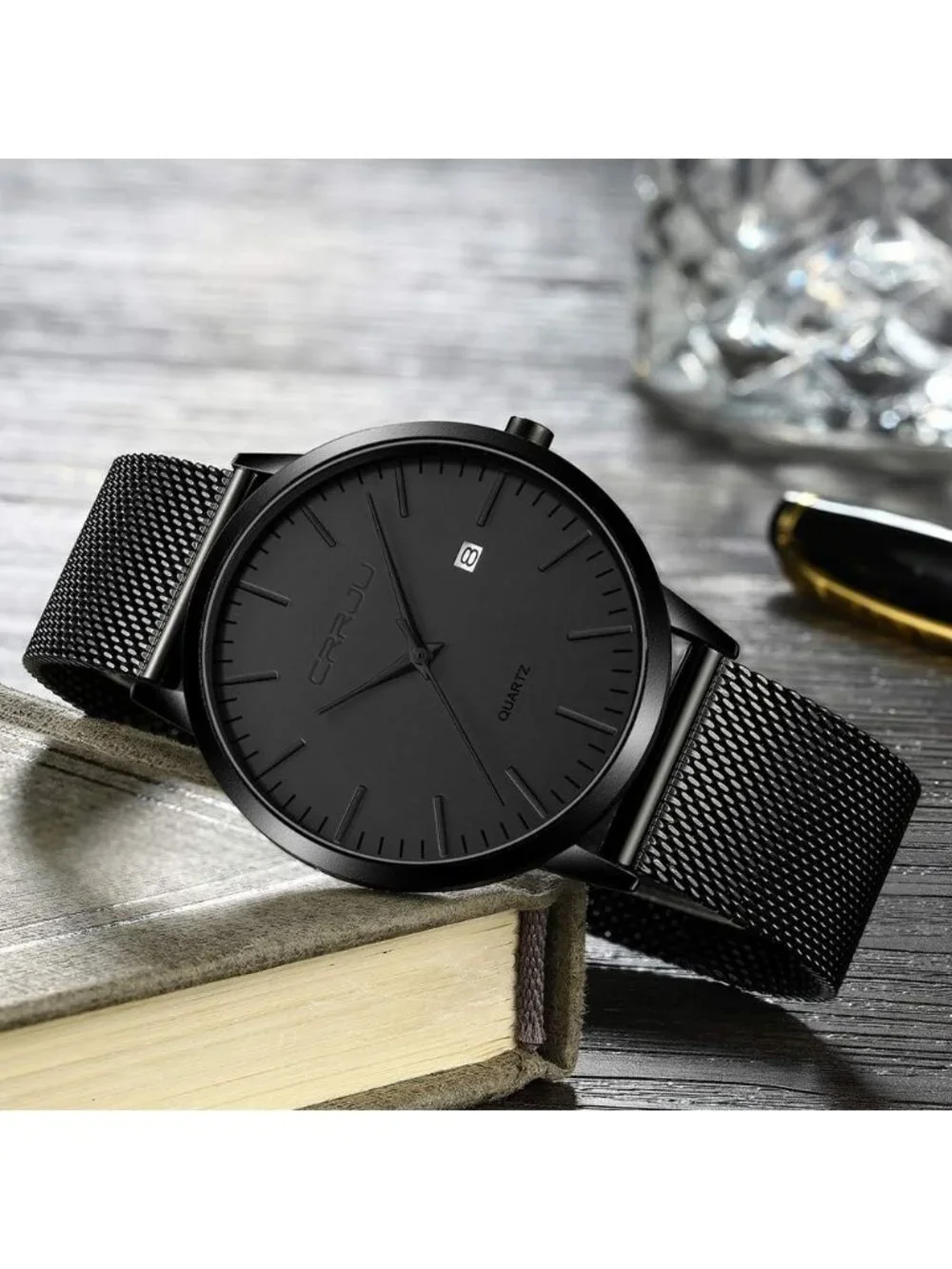 Men's Black Silver Minimalist Luxury Quartz Stainless Steel Band Wrist Watch